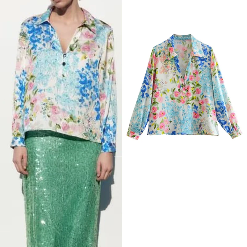 

Floral Button Up Shirt Women Print Shirts Woman 2023 Summer Long Sleeve Top Female Streetwear