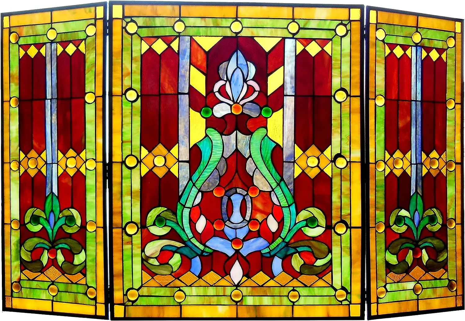 

3pcs Folding Victorian 44" Wide Tiffany-Glass Fireplace Screen, Red