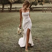 simple white wedding dresses spaghetti straps high side slit bride robes sleeveless bridal gowns sweep train open back for women