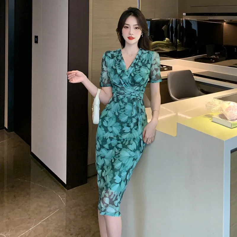 

Evening Dresses for Women 2023 New French Floral Print V-neck Short Sleeves Fashion Lace-up Summer Elegant Slim Fit Dress Bow