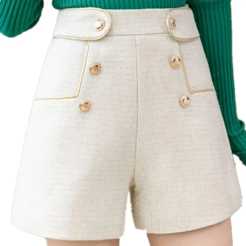 Fashion Small Fragrance Tweed Wool Shorts Women Double Breasted High Waist Wide leg Autumn Winter