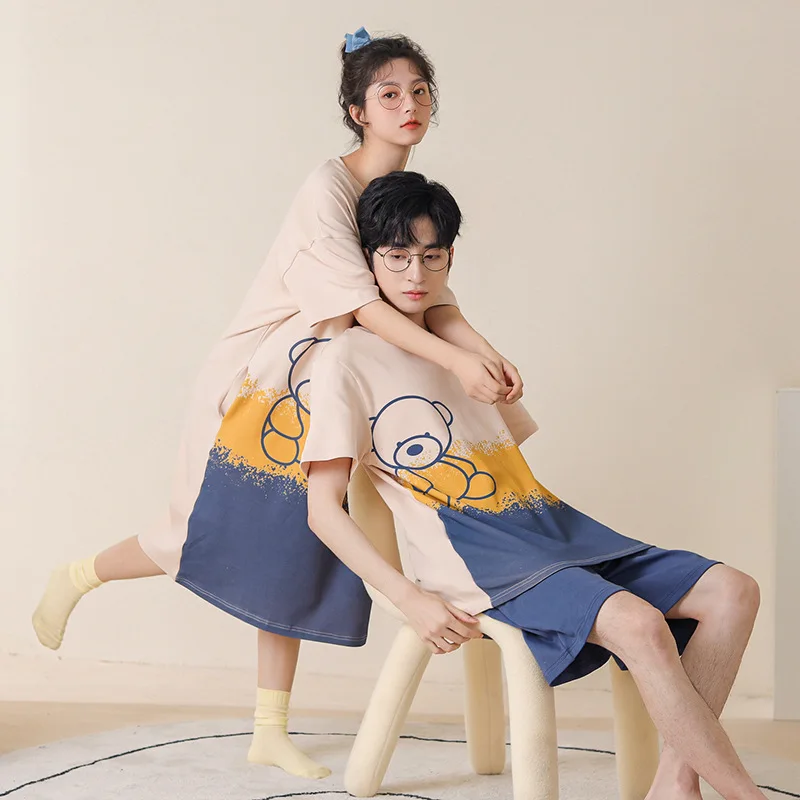 Korean Couples Matching Nightwear Set Cotton Pajamas Summer Short Thin Home Clothes For Women and Men Pyjamas Pijamas Pjs