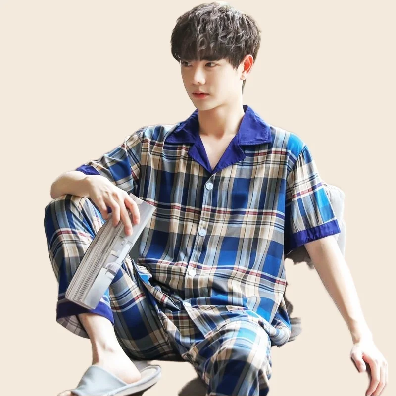 Men's Pajamas Set Sexy Plaid Sleepwear For Man Short Sleeve Shirt Stripe Pyjama Men's Autumn Fashion Cotton Homewear Pjs