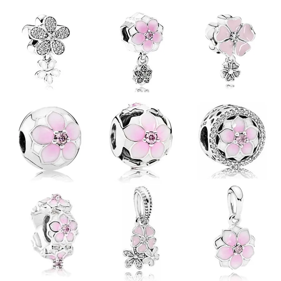 Fine Jewelry Women Gift 925 Sterling Silver Charms Fit Original Pandora DIY Plata De Ley Pink Flowers Bracelets Beads Fixed Clip