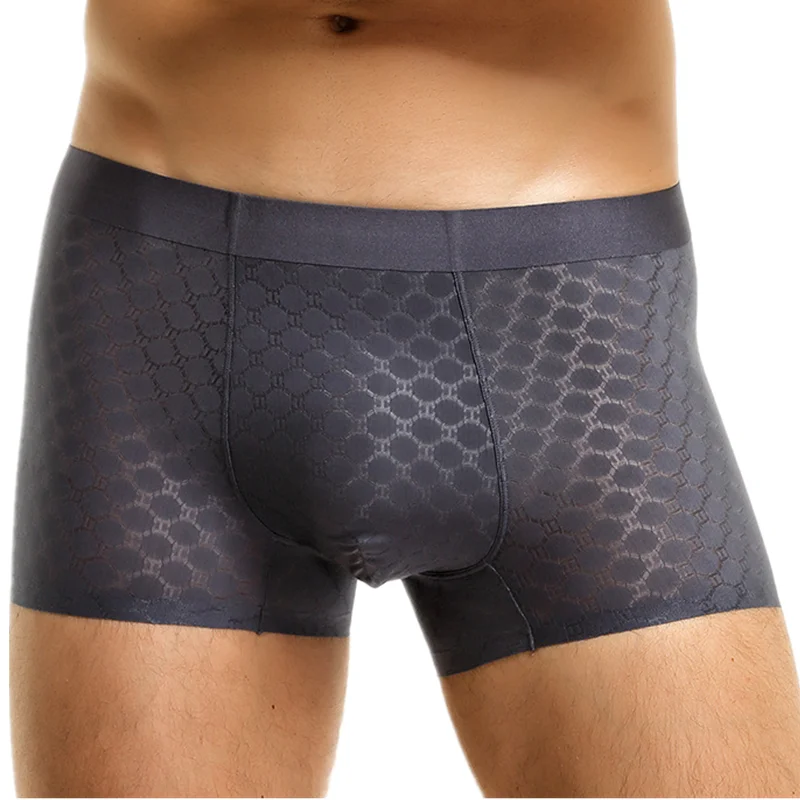 

Sexy Men Underwear Seamless Boxers Shorts Hombre Cool Ice Silk Transparent Panties Man Solid Breathable Pouch Underpants Cueca