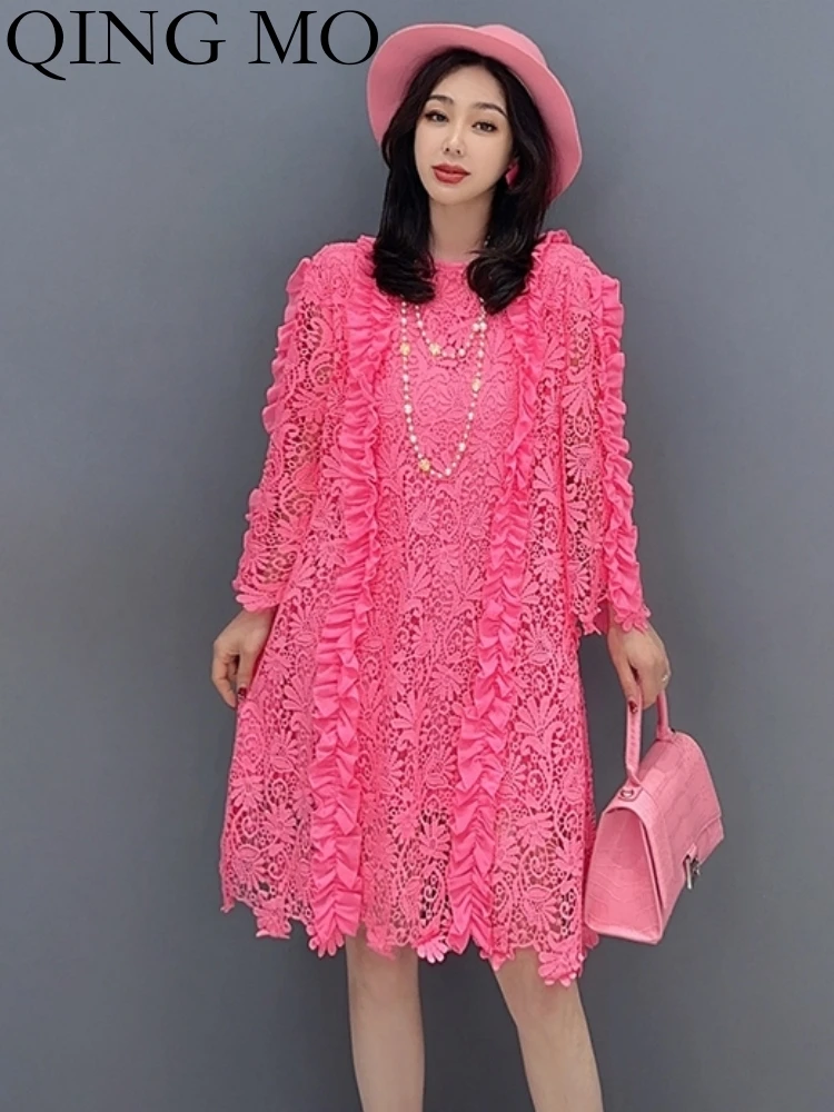 QING MO 2023 Summer New Fashion Hollow Lace Mid Length Dress Slim Women Wear Rose Red Personalized Trendy Girl Dress Top ZY47