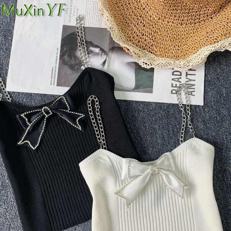 

Женский элегантный топ на бретельках, элегантный Трикотажный Хлопковый топ с бантом в Корейском стиле для девушек, Модный черный укороченн...