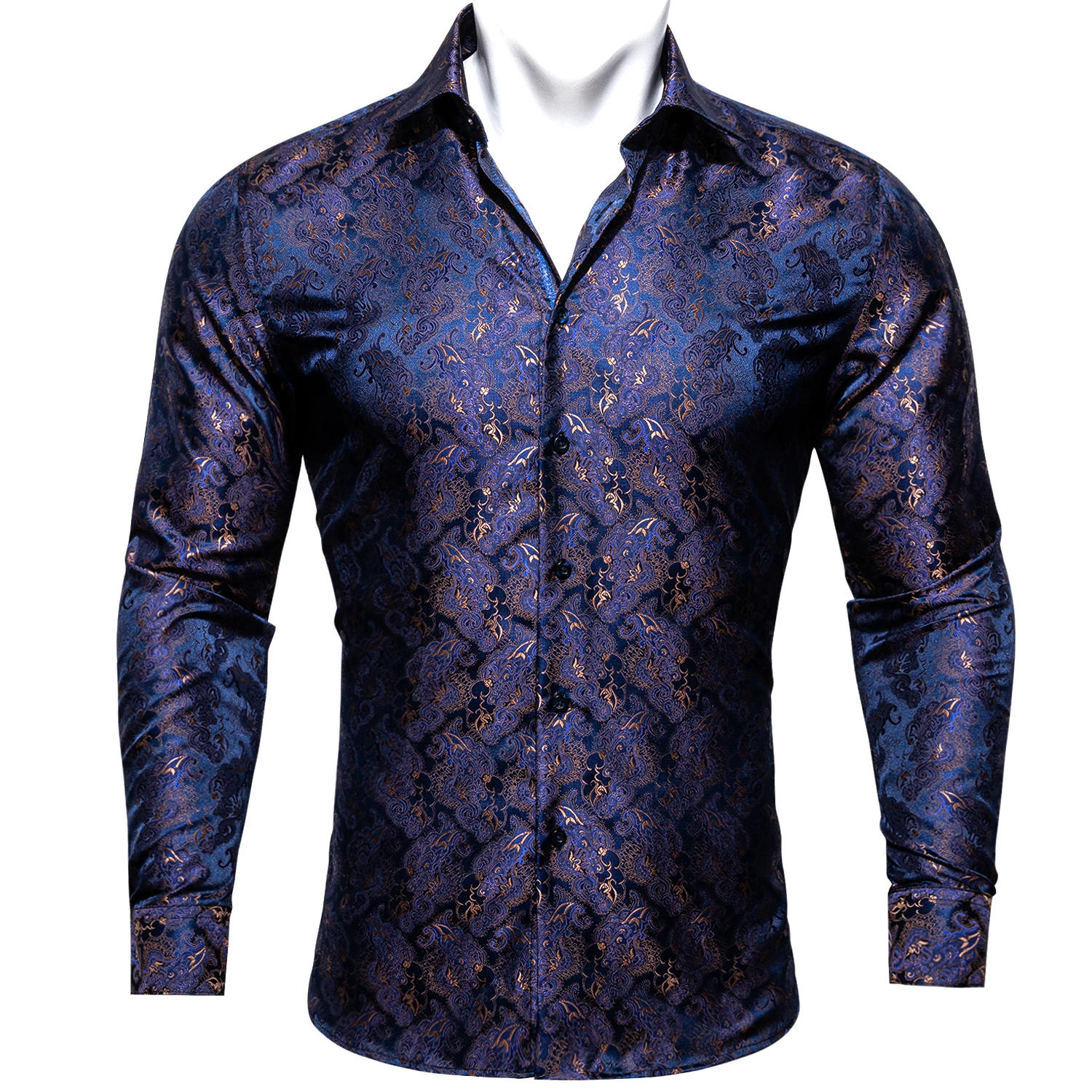Novelty Dark Blue Men Silk Shirt Paisley Long Sleeve Lapel Shirt Fashion Casual Fit Set Party Wedding Business Male Barry.Wang