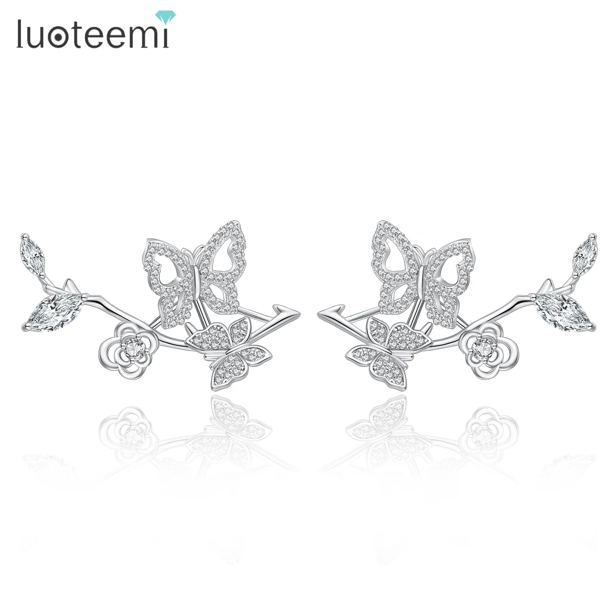 

LUOTEEMI Statement Butterfly Earrings for Women Cubic Zirconia Flower Design Korean Big Stud Earrings Trendy Women Jewelry Gifts