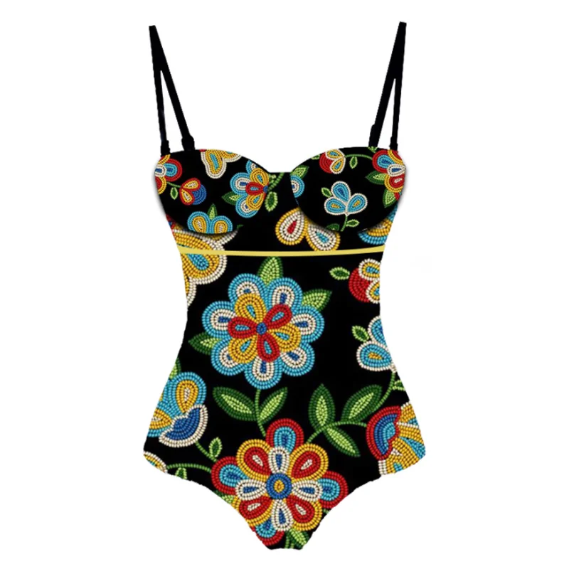 Color Flower Print One Piece Swimsuit Women's Sling Gathering Slim Bikini Suit High Waist Backless Sexy Beachwear Push-ups