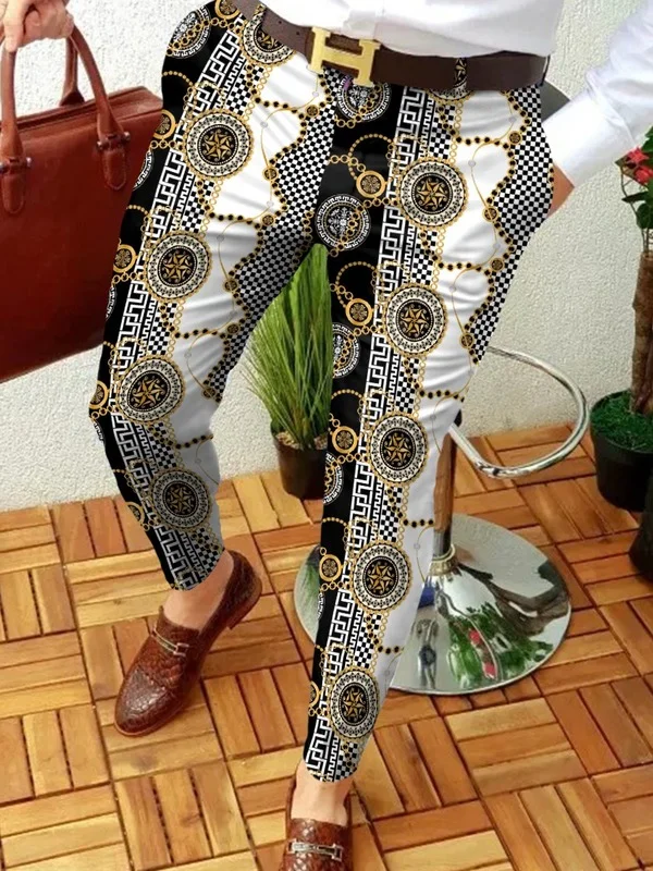 

Spring Autumn Men Casual Business Mid Waist Zipper Suit Trousers Retro Pattern Print Straight Long Pants Mens Fashion Streetwear