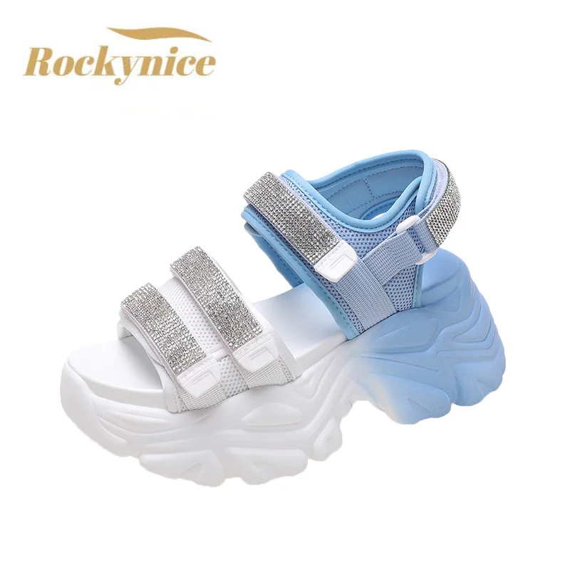 Chunky Platform Bling Sandals Women New 2022 High Heels Sexy Hook Loop Sandals Wedge Sneakers 8CM Ladies Beach Summer Sandalias