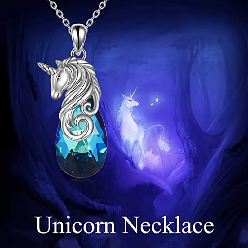 

Unicorn Blue Crystal Pendant Necklace Ladies Personalized Fashion Exquisite Single Item Jewelry Girl Wholesale Holiday Gift