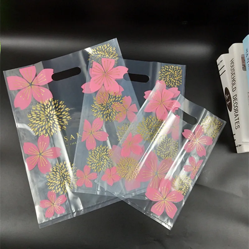 

50pcs Plastic Gift Bag With Handle Pink Cherry Flower Cake Packaging Bags Wedding Birthday Party Decoration Food Bread Candy Bag