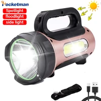 handheld spotlight portable searchlight solarusb charging flashlight waterproof torch lanterna with side light for camping