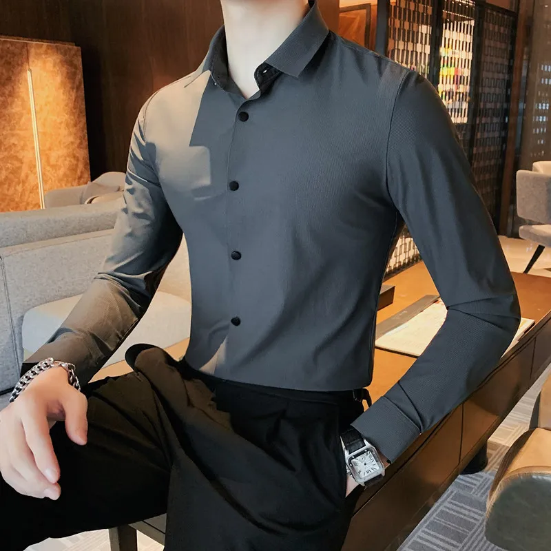 Classic Solid Color Shirts Men 2022 Autumn Long Sleeve Slim Casual Shirt Ice Silk Seamless High Elasticity Shirts Chemise Homme