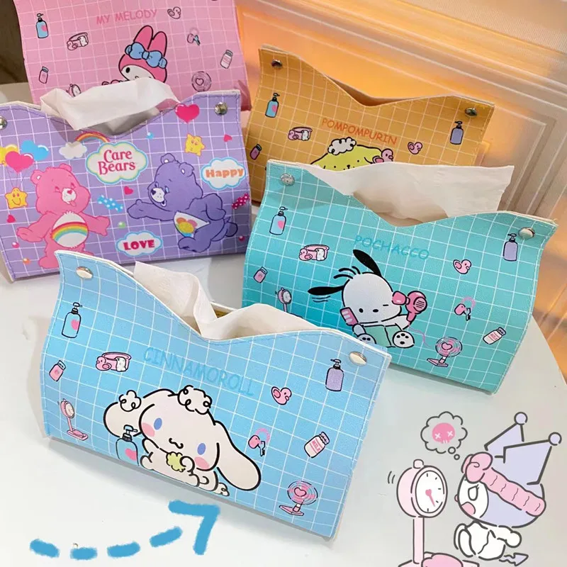 

Sanrioed Hello Kitty Pompompurin Pochacoo Kuromi Cinnamoroll Melody Tissue Set Cartoon Leather Button Waterproof Paper Towel Box