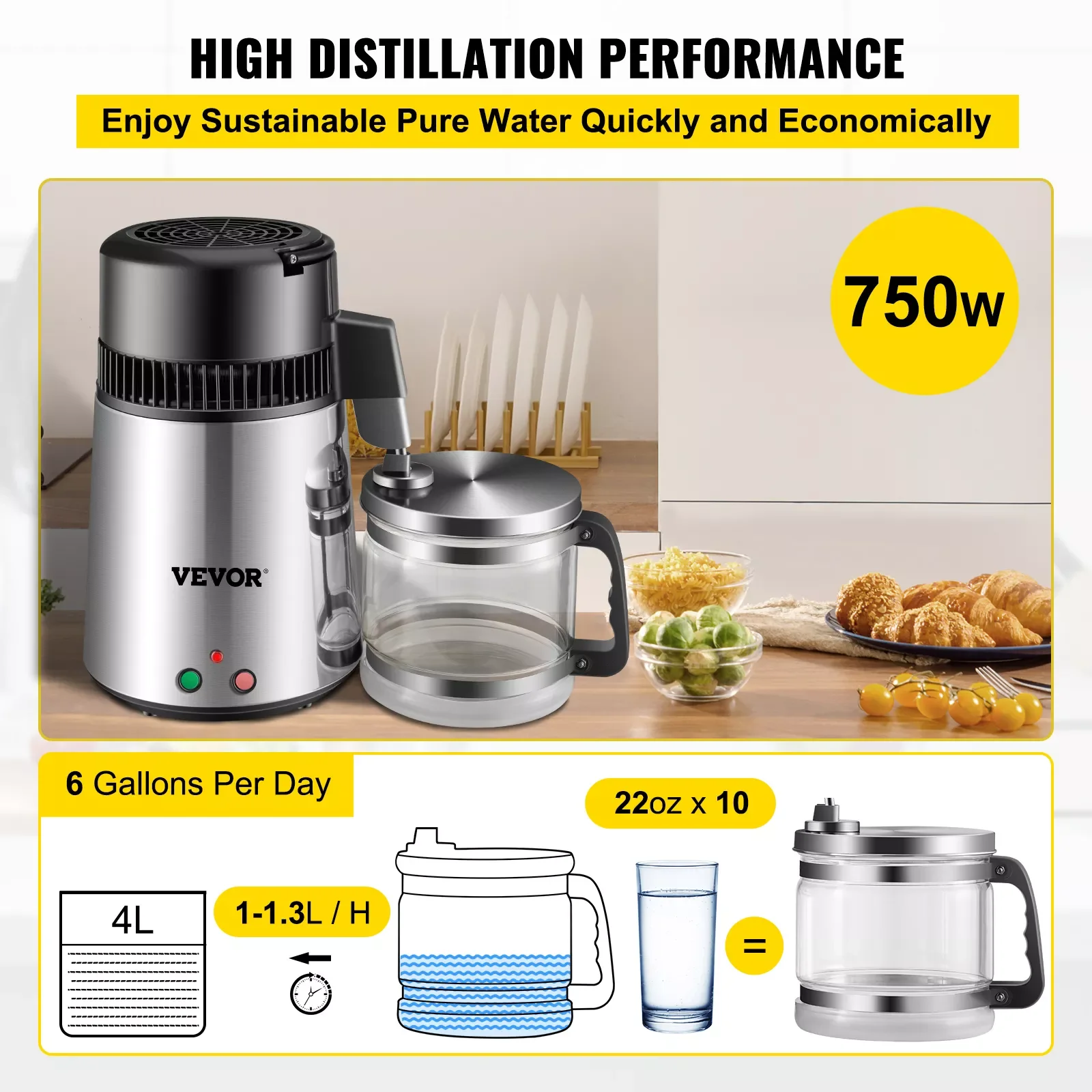 

VEVOR 4L Pure Water Filter 304 Stainless Steel Home Water Bottle Drinking Distiller Machine Electric Dental Filtration Purifier