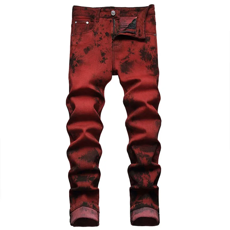 High-quality Men's Tie-dye Jeans Brick Red Straight Denim Slim Fit Pants Streetwear Fashion Stretch Trousers Jeans for Men