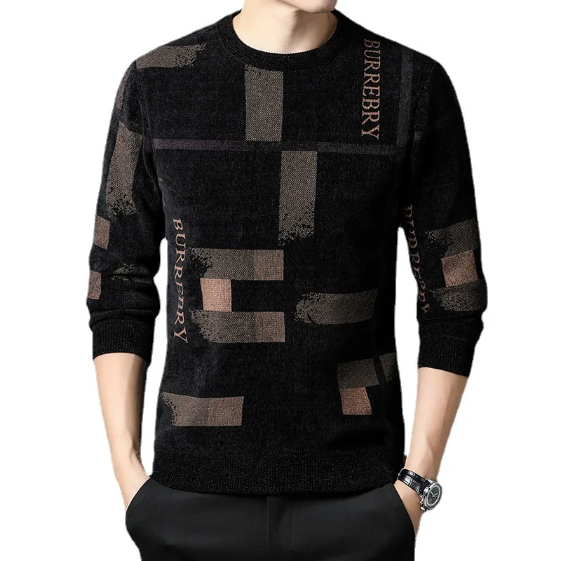 Autumn and Winter Men's Chenille Plush Pullover Sweater Skincare Soft and Warm Underlay Shirt Slim Fit Versatile T-shirt Sweater