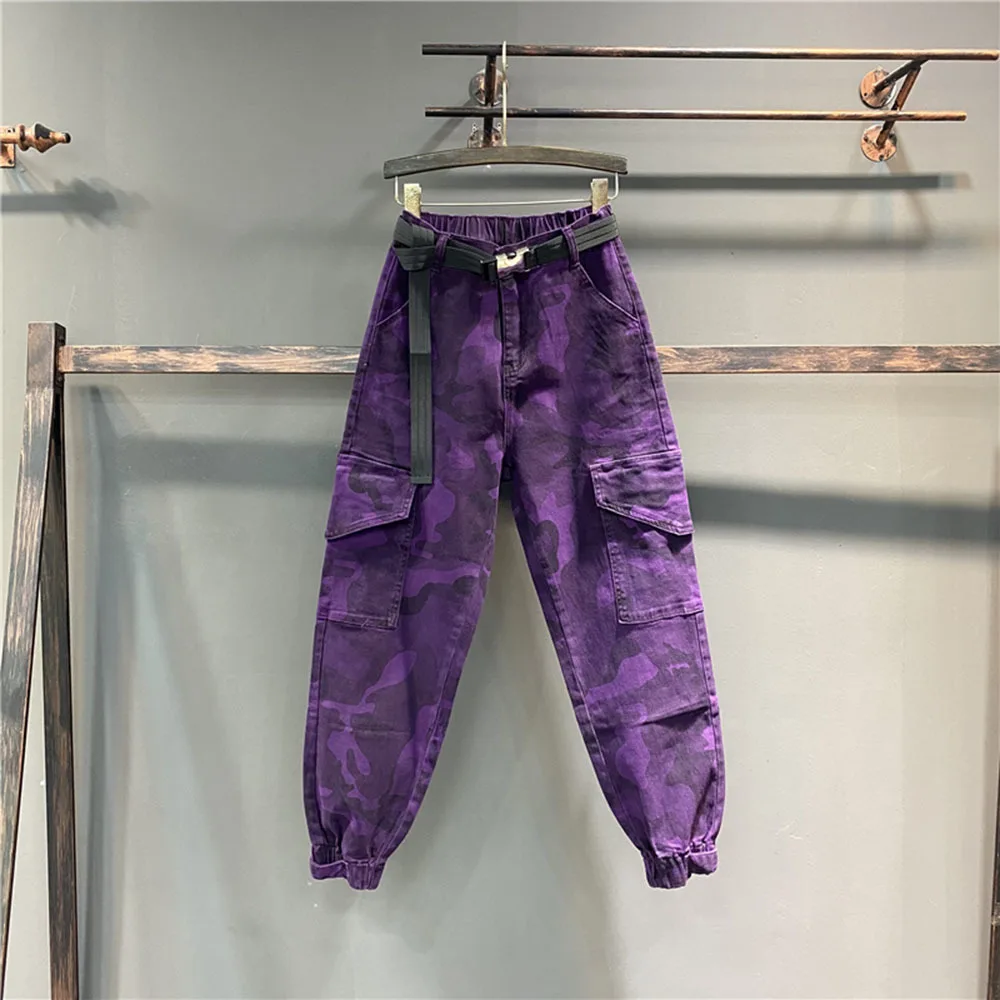 Purple camouflage jeans Women Cargo Pants Spring Loose Hip Hop Joggers Trousers Pockets Overalls Sweatpants Female Streetwear