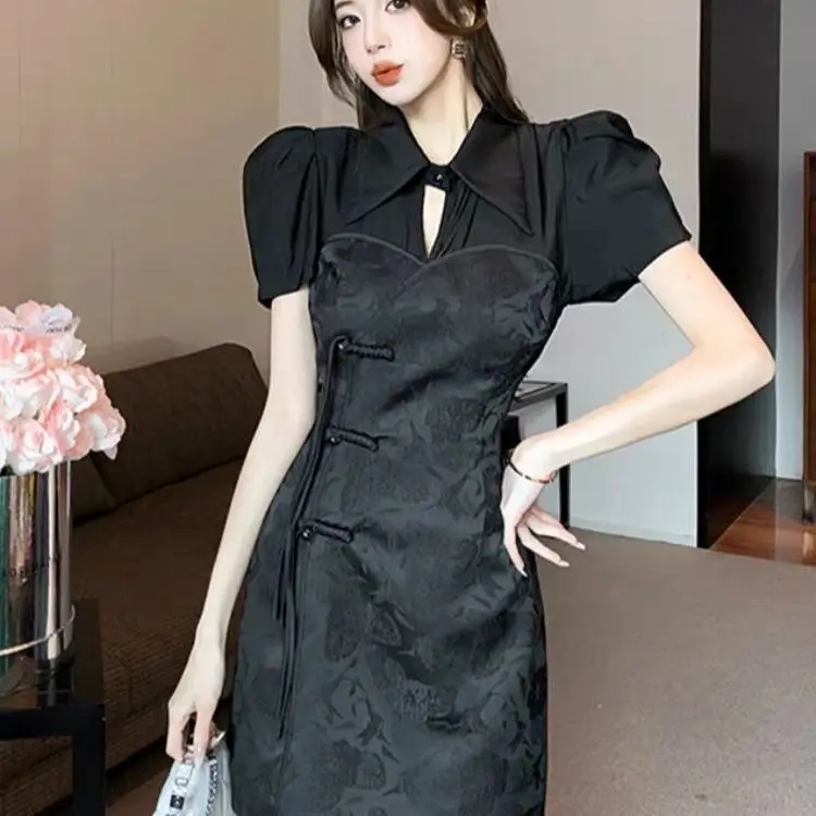 Женское жаккардовое платье-Ципао с пышными рукавами