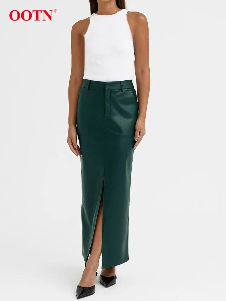 

Женская офисная юбка с карманами OOTN, зеленая длинная юбка из искусственной кожи с разрезом длиной до щиколотки, 2023