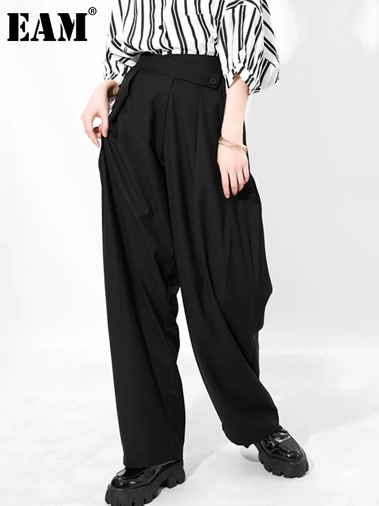 

[EAM] High Elastic Waist Oblique Buckle Black Wide Leg Trousers New Loose Fit Pants Women Fashion Spring Autumn 2022 1DD682701