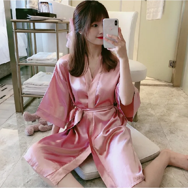 

Ice Silk Solid Color Pajamas For Women's Summer Half Sleeve Pajamas Ice Silk Bathrobe Lacing Sexy Thin Home Pyjamas Sets