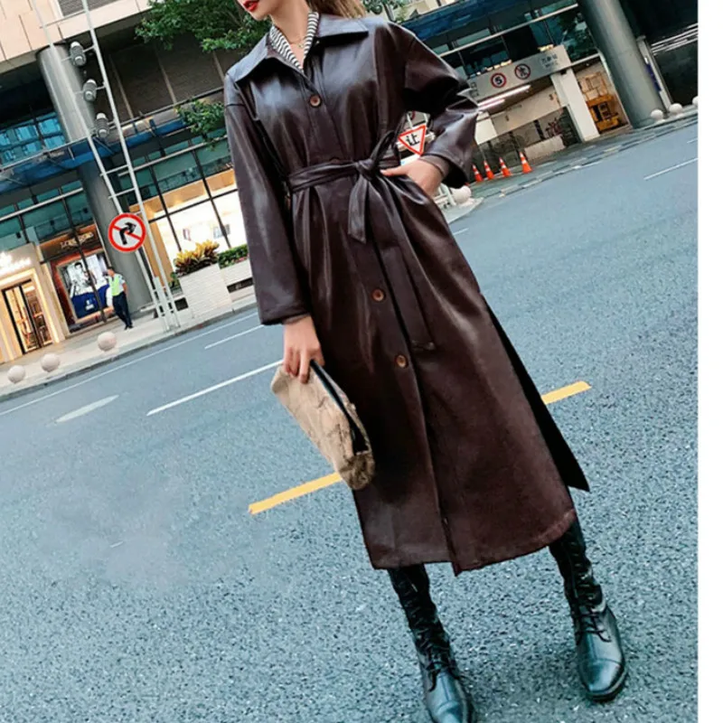 2023 Autumn and Spring Fashion Cool PU Leather Mid-length Jacket Women's New Loose Belt PU Leather Slim Fit Windbreaker