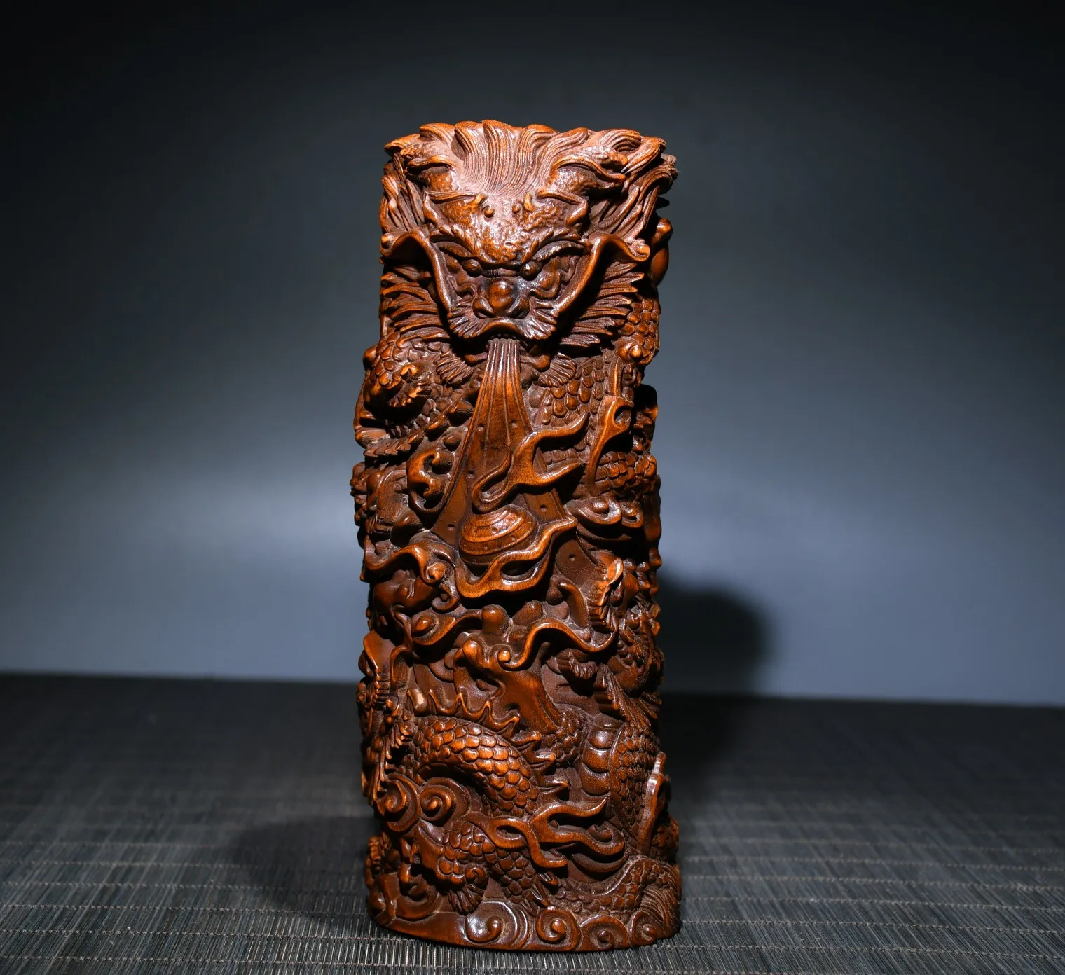 

7" Chinese Folk Collection Seikos Boxwood Chinese dragon statue Dragon Ball pattern Pen holder office ornament Town house