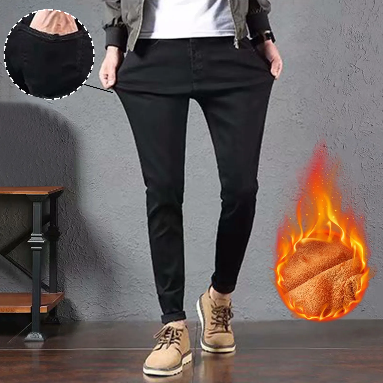 

Slim Pants Pants Leg Straight Jeans Fleece Stretch Men's Men's pants