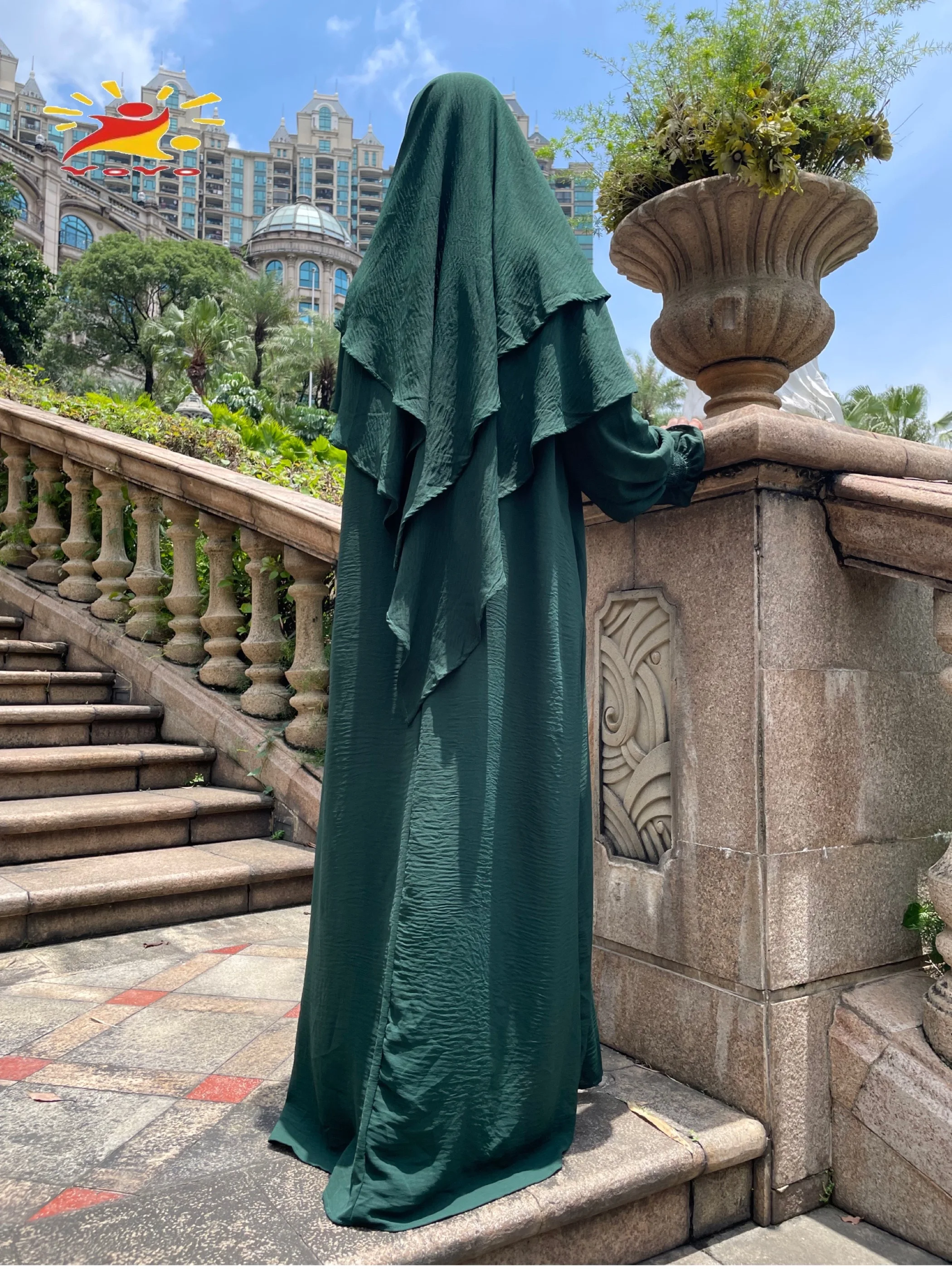 Комплект Абайи Khimar из дымчатой ткани платье с манжетами + двухслойный хиджаб шарф