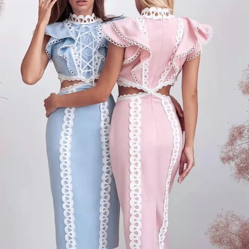 

Женское ажурное платье, элегантное однотонное ажурное длинное платье с оборками на бедрах и разрезом сердечек, 2023