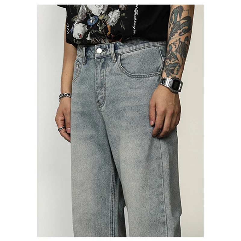 Fashion men's spring and autumn jeans men's vibe style high street retro drape American loose straight mop trousers ins hot sale