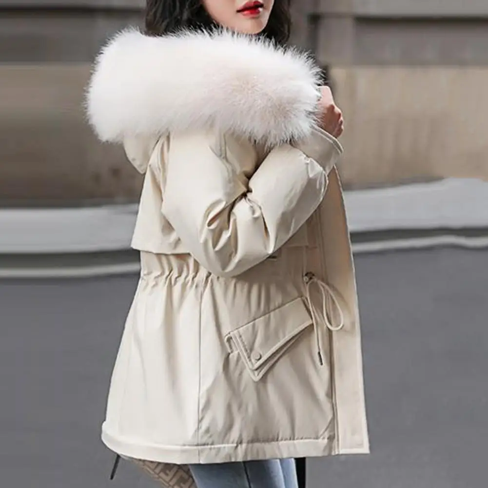 Long Sleeves Waist Drawstring Zipper Buttons Closure Pockets Women Coat Winter Faux Fur Hooded Fleece Lined Mid-Length Down Jack