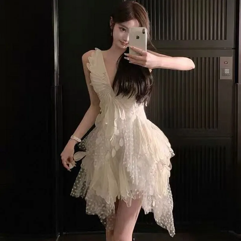 Summer Celebrity High-End White Mesh Mini Dress For Women Sexy V-Neck Runway Fairy Dresses Vestidos