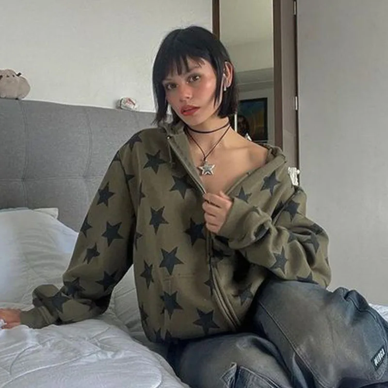 

Новинка, женские толстовки Y2K в стиле Харадзюку со звездами, куртки с капюшоном на молнии, уличная одежда, женские модные повседневные толстовки большого размера, одежда