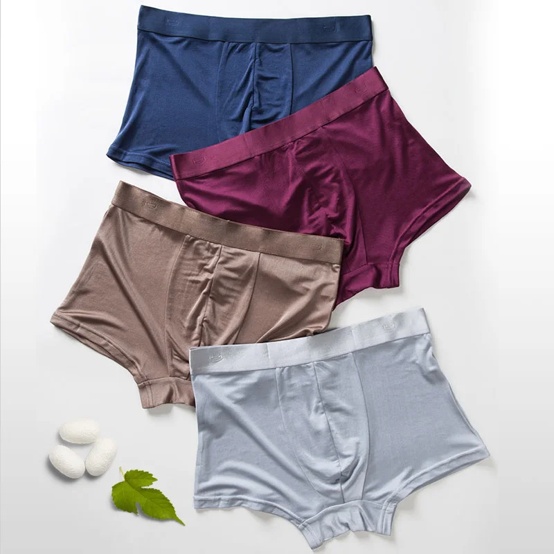 Natural Silk Knitting Mid Waist Solid Color Men's Underwear Male Smooth Boxer Briefs Breathable Shorts Panties Plus Size Knicker