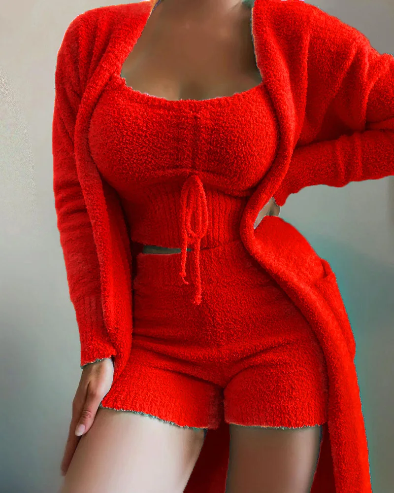 

Женские пижамные комплекты из 3-х предметов, теплые плюшевые шорты на бретелях, Осенние Топы на шнуровке с длинным рукавом и шорты, 3 шт.