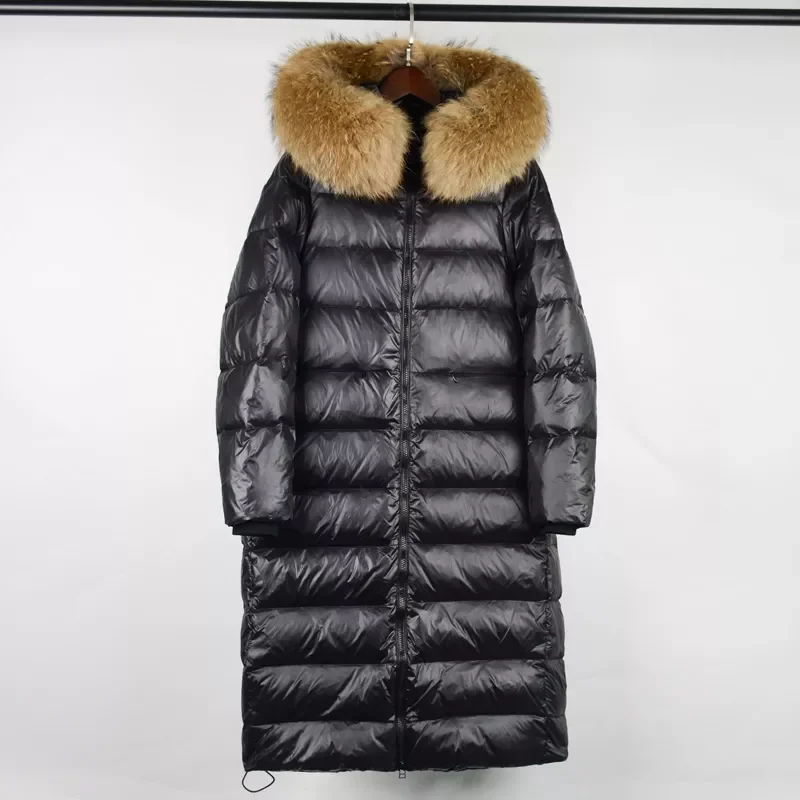 

2022New Big Real Raccoon Fur Hooded Long Puffer Jacket Women Shiny Patent Leather Parkas Winter 90% Duck Down Coat Waterproof