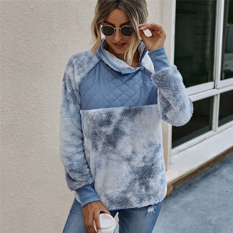 

Tie-Dye Lapel Sweater Women Turtleneck Fluffy Pullover High Quality Patch Teddy Sweater Ladies Winter Chic Streetwear