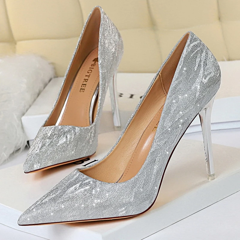

Bigtree Shoes Woman Pumps Wedding Shoes Sexy High Heels Women's Shoes Stiletto Sequined Silver Gold Pointed Women Heels