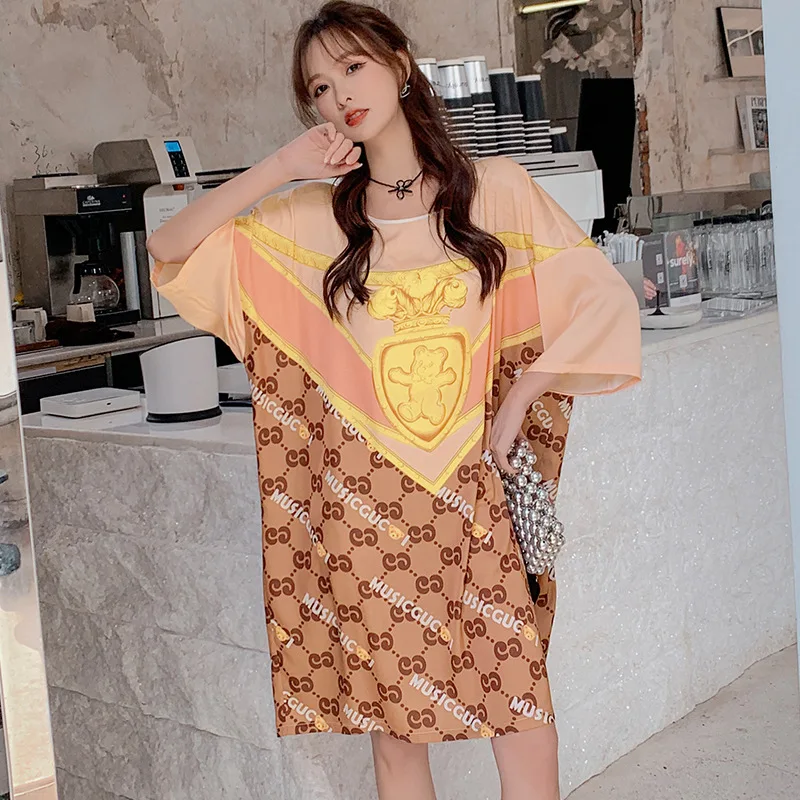 Loose Stain Pajamas for Women Nightwear Silk Nightgown Round Neck Cute Cartoon Home Clothes Nightdress Sleepwear Vestidos Mujer