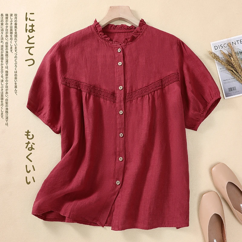

Limiguyue Cotton Linen Short Sleeve Shirts Vintage Loose Thin Office Lady Tops Summer Boho Round Neck Casual Blouses Lightweight