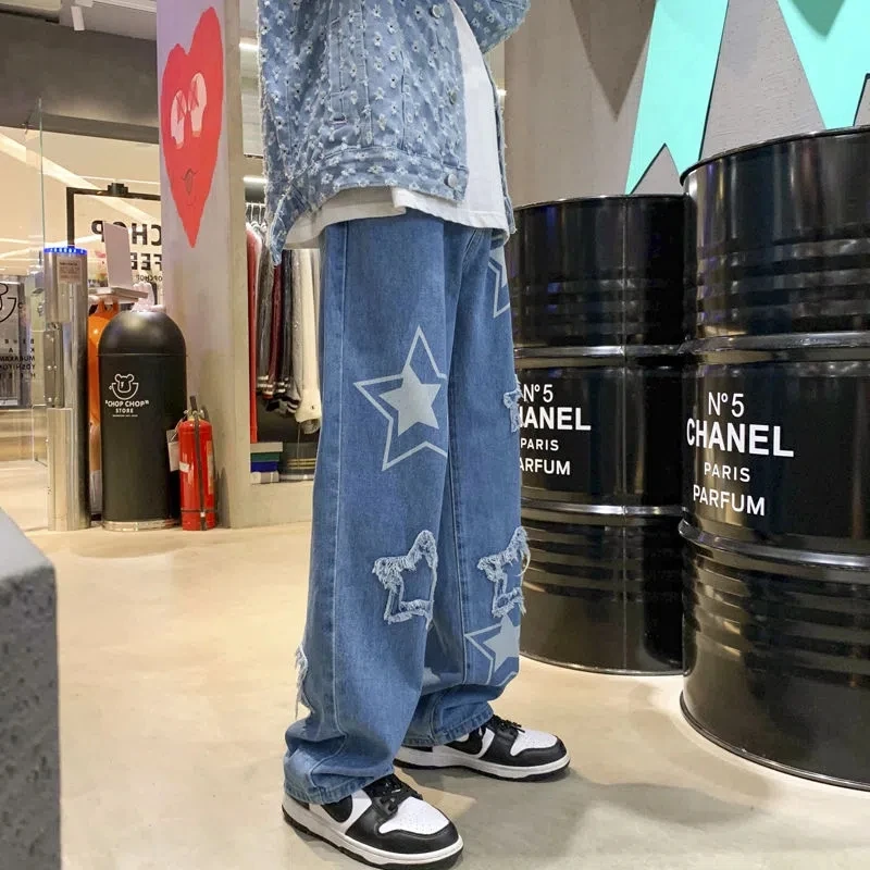 European And American High Street Hip-Hop Loose All Kinds Of Printing Straight Wide Leg Jeans Y2k Retro Harajuku Jeans Unisex