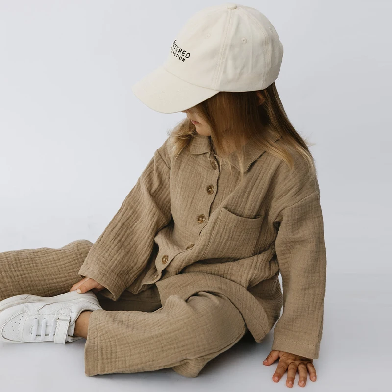 

Детский комплект из двух предметов, рубашка с длинным рукавом и штаны свободного покроя, из 100% хлопка и Марли, для мальчиков и девочек, на весну и осень, TZ376