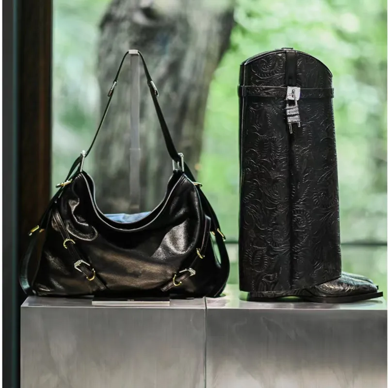 2023 Women's New Over Knee Boots Shark Lock Retro Pattern Thick Sole High Heel Boots Designer Brand Women's Long Leather Boots