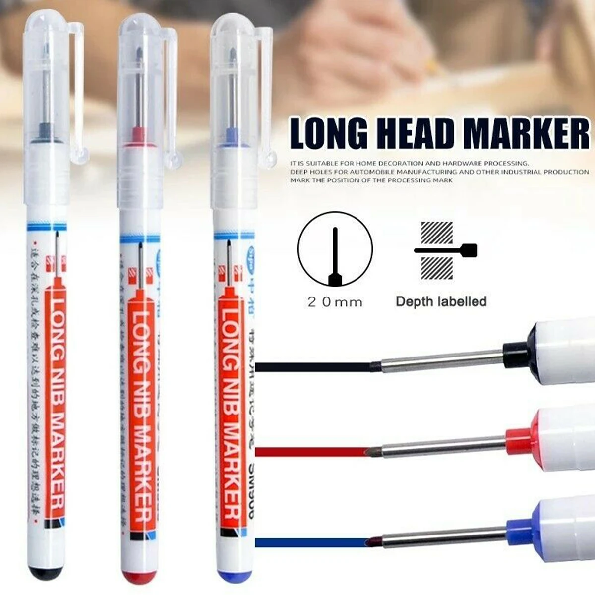 3Pcs 20mm Deep Hole Marker Pens Long Nib Marker Pen Waterproof Marker Pencils Colorful Ink Carpenter Pen Carpenter Marking Tool