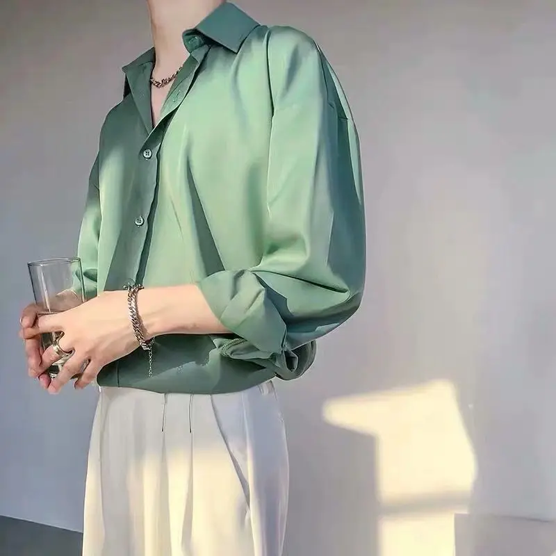 

Tops 2023 Fashion Solid All-match Button Casual Shirts Loose Long Lapel Color New Sleeve Korean Men's Shirt Spring Clothing